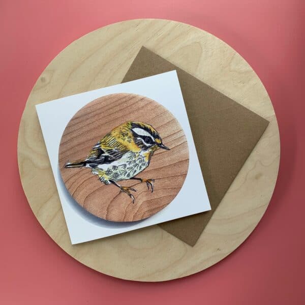 Tiny Goldcrest on wood Greetings Card