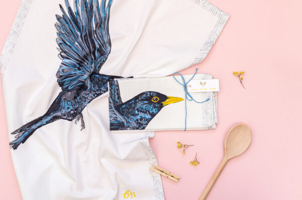 BRIGHT EYED BLACKBIRD organic cotton Tea Towel